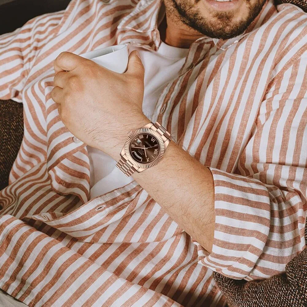 Men's Rose Brown Stainless Steel Analog Classic Design Stylish Wrist Dress Watch